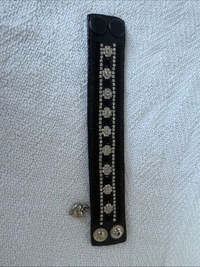 Black Leather Bracelet with Silver Crystal Flower Accents